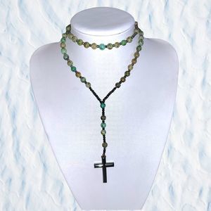 Natural African Turquoise And Pyrite Beaded Classic Rosary Necklace